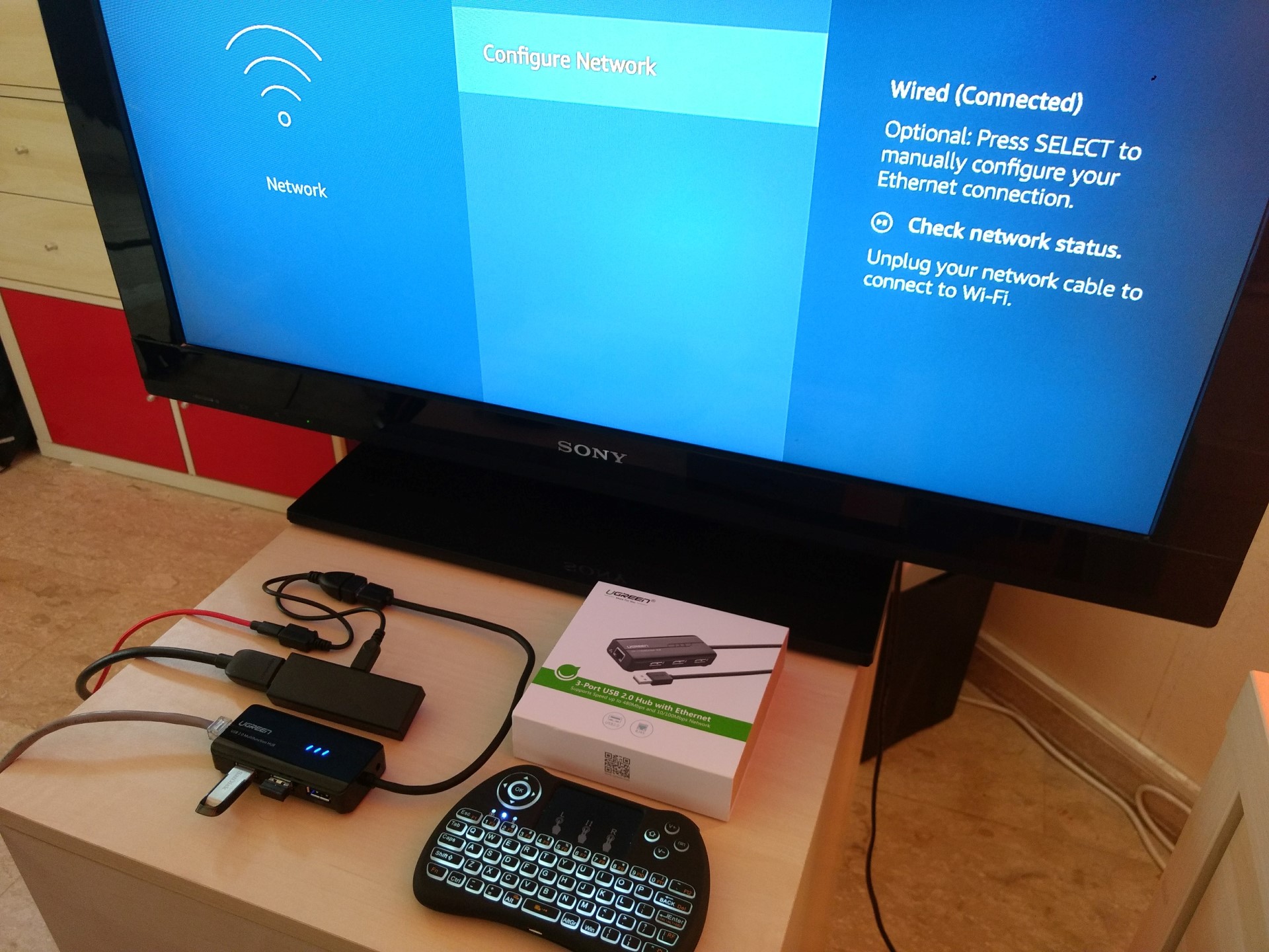 Fire TV Stick with wired Ethernet, keyboard, mouse and external